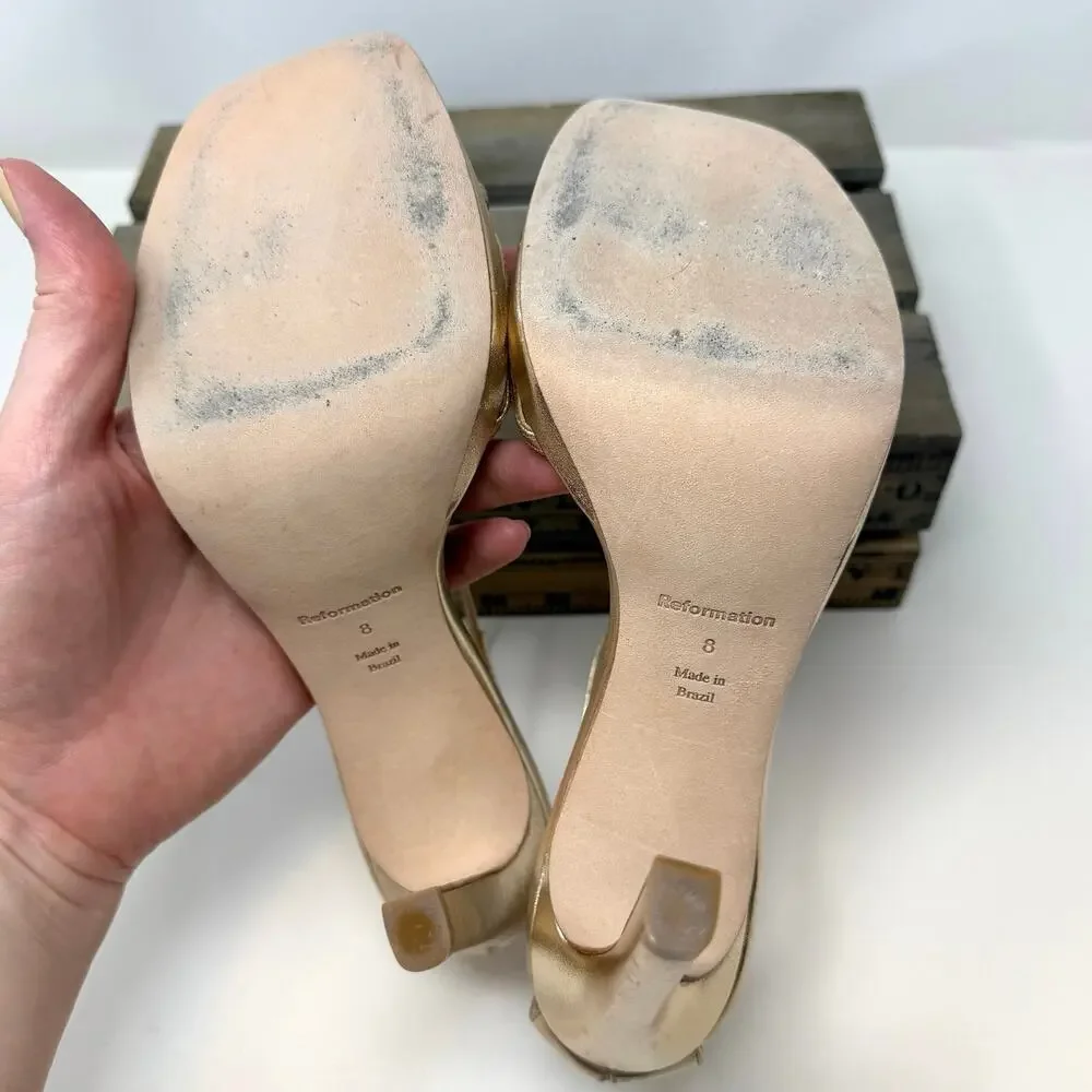 Reformation Gilda Platform Square Toe Heeled Sandal In Metallic Gold Size 8